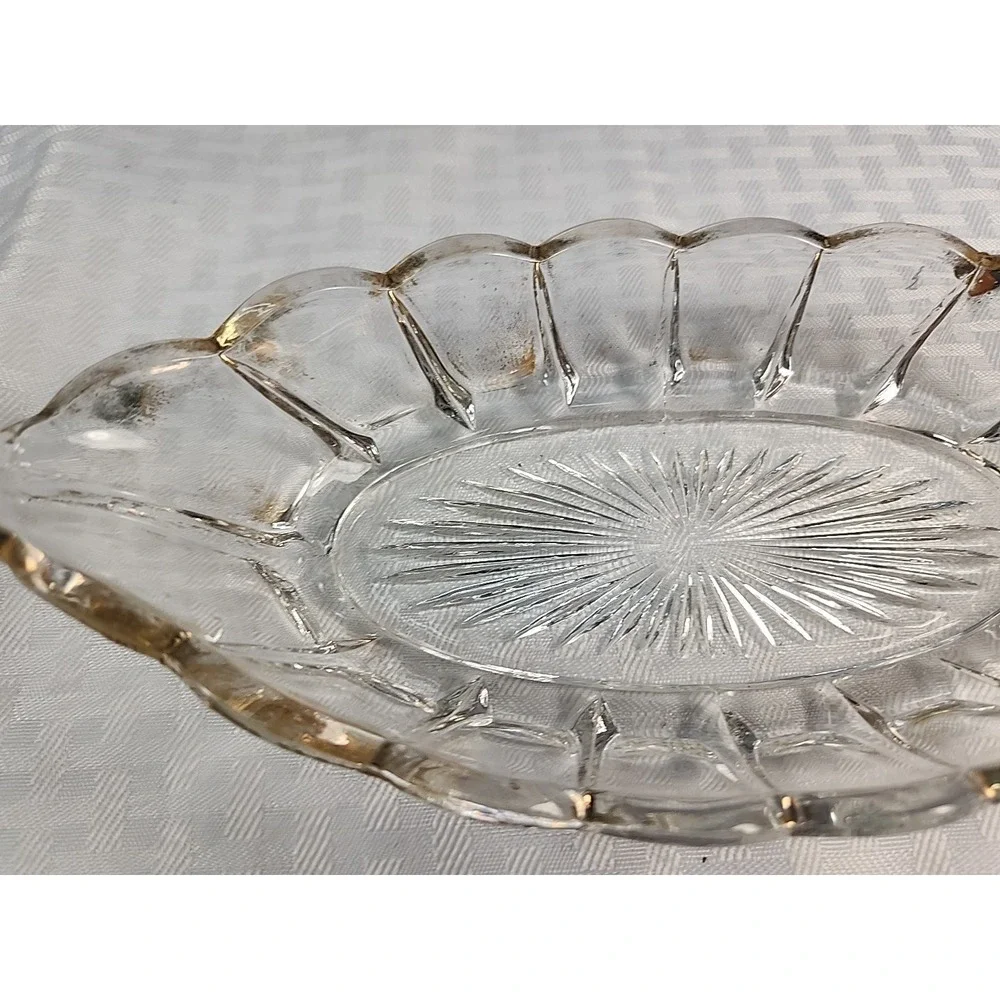 Vintage Pressed Glass Oval Relish Dish Scalloped Gold Brushed Rim Starburst Base
